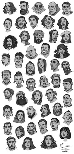 the faces and heads of many people in black and white, each with different facial expressions