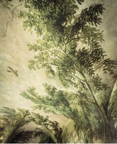 a painting of trees and birds in the sky