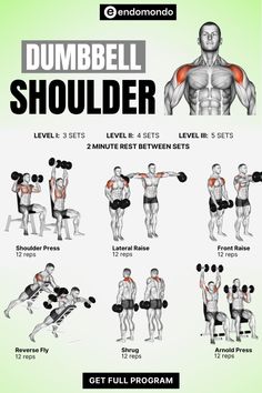 the dumbbell shoulder workout poster shows how to do it in 5 minutes or less