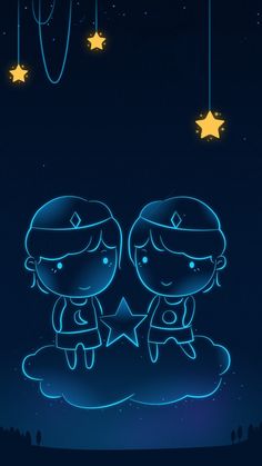 two cartoon characters sitting on a cloud with stars hanging from the night sky above them