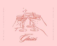 two martini glasses are being toasted by someone's hand on a pink background