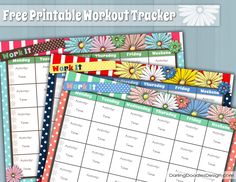 three free printable workout trackers with flowers and polka dots on the front, one is