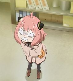 an anime character with pink hair standing in a room