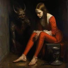 a painting of a woman sitting next to a demon