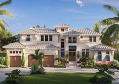 this is an artist's rendering of a house in the florida style with palm trees