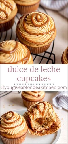 some cupcakes are sitting on a plate next to each other and the words, dulce de leche cupcakes