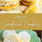 lemon sandwich cookies with powdered sugar are on a green plate next to sliced lemons