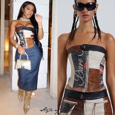 Jayda Cheaves’ Closet on Instagram: "@jaydacheaves wearing @jadedldn Daytona Vegan Leather Corset Top ($98), @boiscamp The Skirt ($400), @jimmychoo x @timberland 6 Inch Crystal Boot ($6,000), @balenciaga Hourglass XS Metallic Croc-Embossed Top-Handle Bag ($2,800), and @waydaminbrand thong." Brown Leather Corset Outfit, Leather Corset Top Outfit, Brown Leather Corset, Jayda Cheaves, Leather Corset Top, Corset Top Outfit, Timberland 6 Inch, Corset Outfit