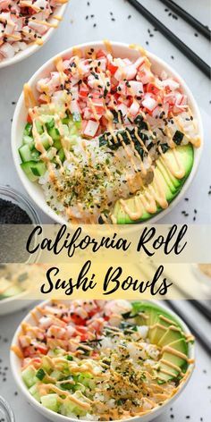 three bowls filled with different types of sushi and other foods on top of a table