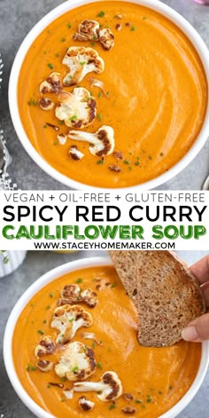 two bowls filled with red curry and topped with bread