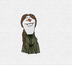 a drawing of a snowman with braids and an orange nose