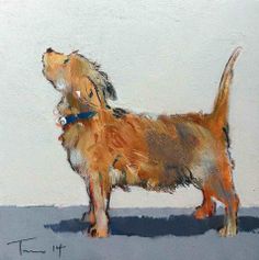 a painting of a brown dog standing in front of a white wall