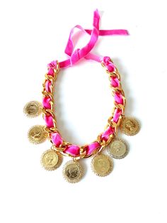 Stunning, gold coin statement necklace from Olivia Divine Chunky, gold tone chain necklace with pink,velvet  ribbon woven detailing. Embellished with vintage gold coin charm detailing. Ties at the back with a ribbon tie fastening. Length 46 cm plus ribbon tie. Handmade and unique design. Perfect as a gift or treat for yourself. Please take a look at my store Chunky Necklaces Statement, Diy Friendship Bracelets Easy, Handmade Charm Bracelets, Friendship Bracelets Easy, Necklaces Statement, Velvet Necklace, Daisy Studs, Chain Top, Ribbon Necklace