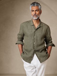 A shirt that stays beautiful and crisp all season long, luxurious linen has the magical ability to maintain its cool and fresh texture no matter the clime.  RELAXED FIT: Expertly cut for a loose fit.  Resort collar with button-front closure.  Square Mandarin Collar Linen Shirt Men, Mens Outfits Linen, Green Linen Shirt Men, Men’s Linen Shirt, Linen Clothes Men, Mens Linen Outfit, Mens Linen Shirts, Mens Linen Shirts Casual, Male Casual Fashion