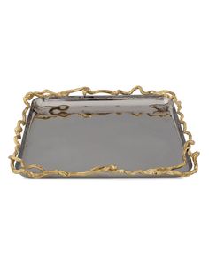 a silver tray with gold trimmings