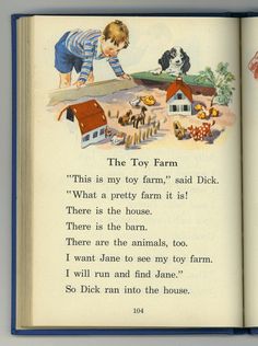 an open children's book with illustrations of farm animals and a boy playing in the yard