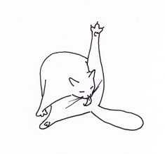 a black and white drawing of a cat with its paw in the air while stretching