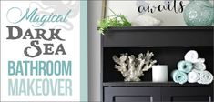 bathroom makeover with black bookcase and white towels on top, green plant in the corner