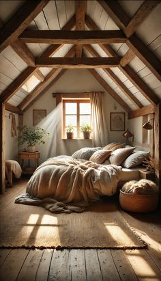 an attic bedroom with wooden beams and natural light coming through the window, bed linens on the floor