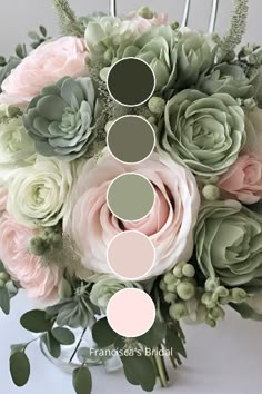 a bouquet with pink roses and succulents in shades of gray, green, beige