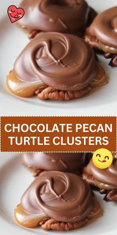 chocolate pecan turtle clusters on a plate with text overlay that says chocolate pecan turtles