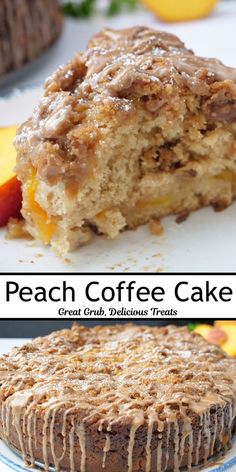 A double collage photo of a slice of peach coffee cake and a whole coffee cake. Peach Coffee Cake, Pecan Streusel Topping, Peach Coffee, Classic Coffee Cake, Oatmeal Toppings, Peach Pie Filling, Sugared Pecans