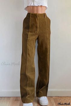 Olivia Mark - Premium Womens High-Waisted Streetwear Pants with Elegant Contrast Patchwork Design Khaki Wide Leg Workwear Bottoms, Khaki Wide-leg Workwear Bottoms, High Waist Khaki Cargo Pants For Work, Khaki Full Length Work Pants For Fall, Khaki Work Trousers For Fall, Fall Khaki Work Trousers, Non-stretch Khaki Cargo Pants For Work, Fitted Wide Leg Khaki Work Pants, Fitted Khaki Wide Leg Work Pants