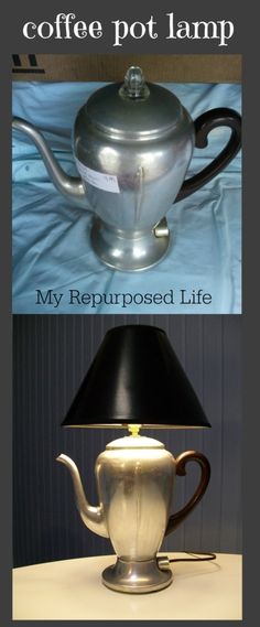 a lamp that is sitting on top of a table next to a coffee pot shaped like a teapot