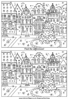 two cross stitch patterns with houses and trees in the middle, one has a christmas tree on