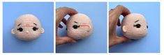 three pictures of a hand holding a stuffed toy with eyes and nose drawn on it