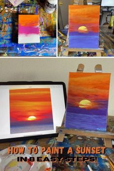 an easel with paintings on it and the words how to paint a sunset in 8 easy steps