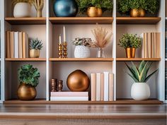 the shelves are filled with plants and books