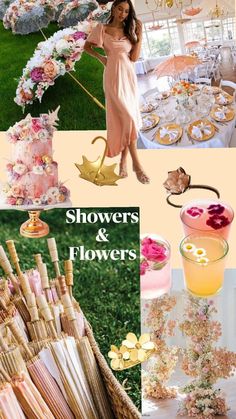 a collage of photos with flowers, umbrellas and other things in them on display