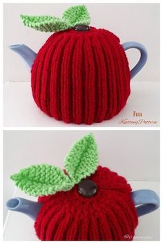 two pictures of an apple knitted in red and green