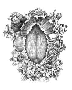 a black and white drawing of flowers, birds and an oval frame with a bird in the center