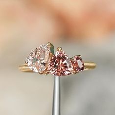 two fancy pink diamond engagement rings sitting on top of a metal stick in front of a blurry background