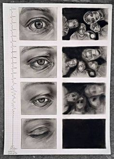 pencil drawings of people's eyes and their faces in different stages of being drawn