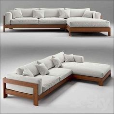 two pictures of a white couch with pillows on the top and bottom, in different angles