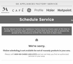 the website for an appliance service is shown in this screenshote image