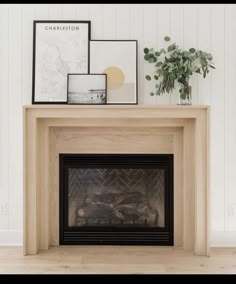 a fireplace with some pictures on top of it and a potted plant next to it