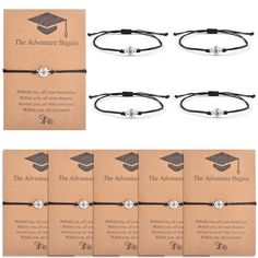 four bracelets with the words, the adventure begins and an image of a graduation cap on