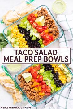 two glass dishes filled with taco salad meal prep bowls and the text overlay reads, taco salad meal prep bowls