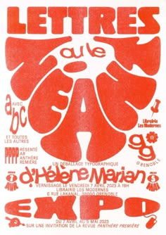 a red poster with letters and symbols on it