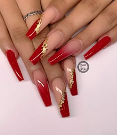 Nail Designs In Red Color, 21st Birthday Nails Simple, New Years Nail Designs Red, Red And Gold Wedding Nails, Red And Gold Acrylic Nails Designs, Red Long Nails Acrylic, Fall Red Nails Designs, Red Gold Black Nails