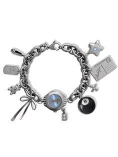 Sweet as can be ౨ৎ Introducing the 'ON THE WAY' charm bracelet - featuring the most precious pendants paired alongside a baby blue watch face, this accessory is bound to become a treasured piece in your jewelry collection. Trust us, compliments are waiting... ♡ Made with stainless steel chain, cubic zirconia and rhodium plated over stainless steel pendants. ♡ Battery powered watch face (battery included). ♡ Included charms: Ballet slipper, CZ tag, teddy bear, ribbon bow, custom CZ letter, custom Dope Jewelry Accessories, Blue Watches, Jewelry Accessories Ideas, Dope Jewelry, Watch Bracelet, Funky Jewelry, Jewelry Lookbook, Jewelry Choker, Custom Watch