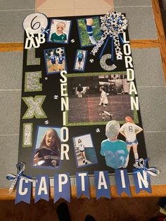 a collage of photos and letters is displayed on a table with ribbon around it