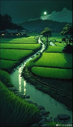 a painting of a river running through a lush green field under a moon lit sky