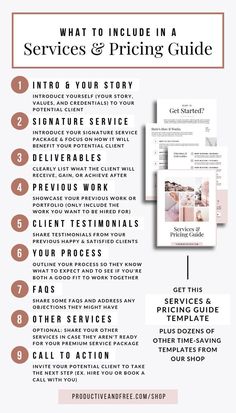 an info sheet with the words what to include in a services and pricing guide on it