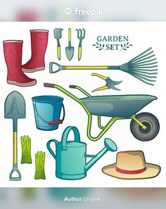 garden set with gardening tools and equipment in flat style, isolated on white background illustration