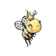 a drawing of a bee with a crown on it's head, flying through the air